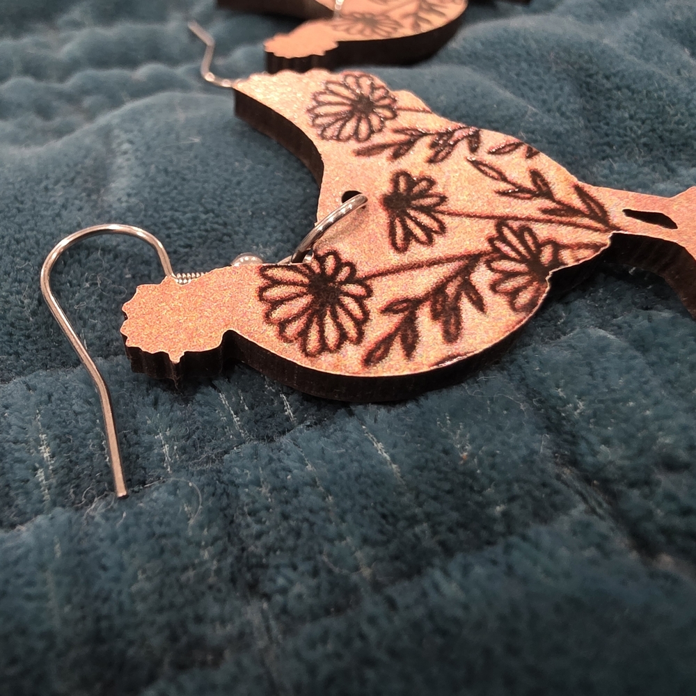 Floral Chicken Wooden Earrings - Picture 4 of 6